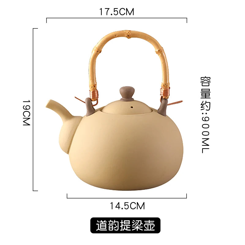 Coarse pottery retro tea set teapot clay beam kettle ceramic kettle Boiling teapot Kung fu tea set ceramic pot health pot
