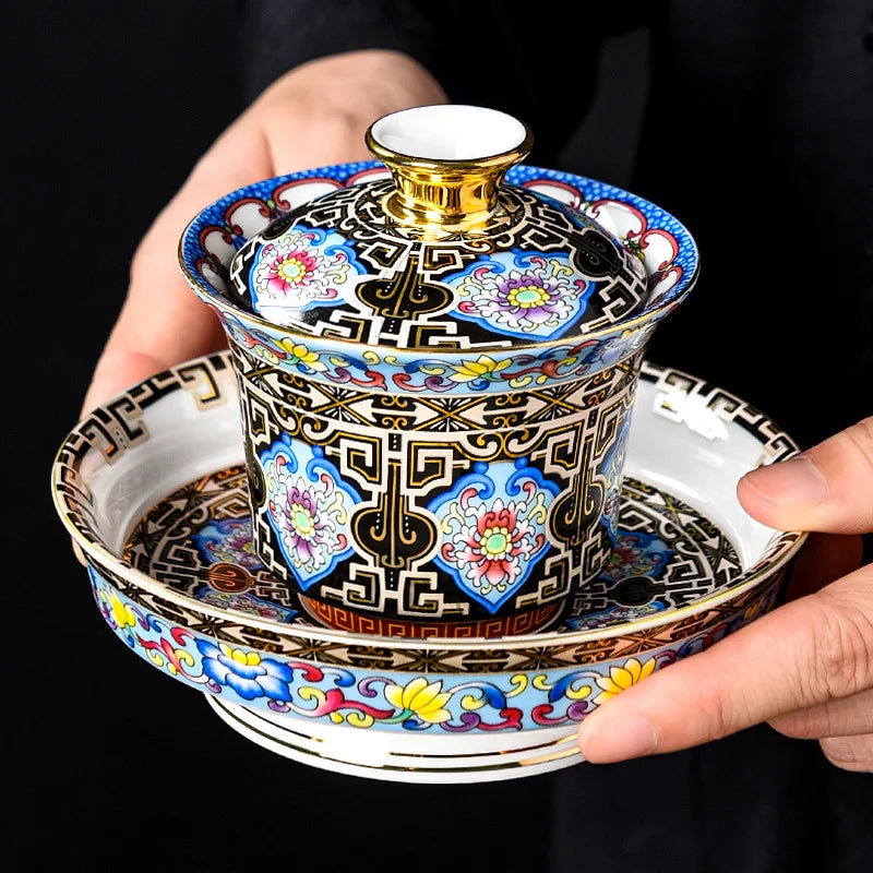 Color Enamel Sancai Gaiwan Ceramic Teaware Tea Cups Elegant Retro High Grade Tea Tureen Porcelain Gongfu Tea Bowl Cup