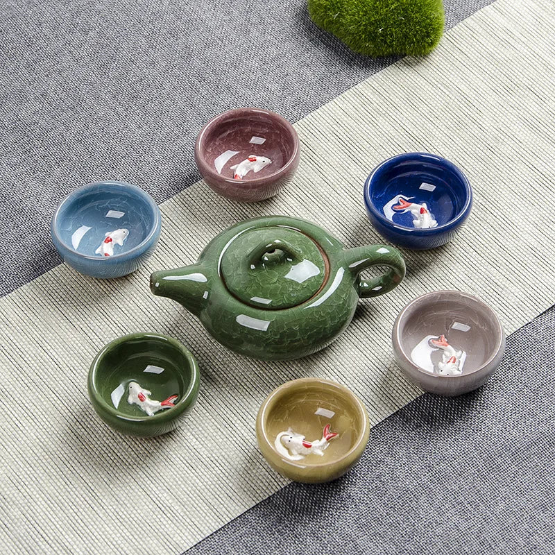 Crack glaze 3D fish Kung Fu Tea Set,Ceramic Tea Sets,TeaCup,ChineseTravel Teapot, Drinkware Coffee&Tea Sets , Binglie Teacup