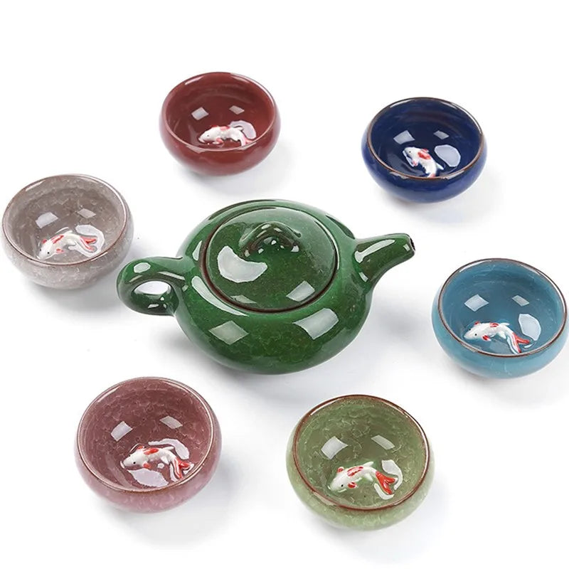 Crack glaze 3D fish Kung Fu Tea Set,Ceramic Tea Sets,TeaCup,ChineseTravel Teapot, Drinkware Coffee&Tea Sets , Binglie Teacup