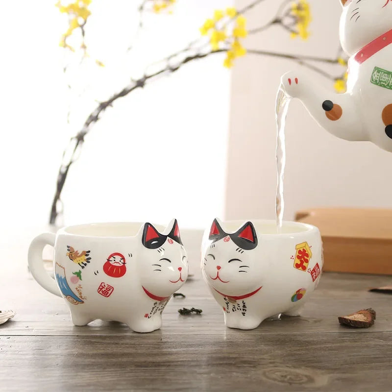 Creative Cute Lucky Cat Porcelain Tea Set Cartoon Ceramic Tea Cup Pot with Strainer Lovely Plutus Cat Teapot Mug Teaware