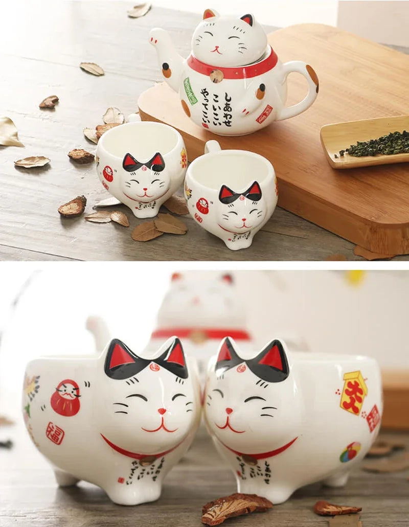 Creative Cute Lucky Cat Porcelain Tea Set Cartoon Ceramic Tea Cup Pot with Strainer Lovely Plutus Cat Teapot Mug Teaware