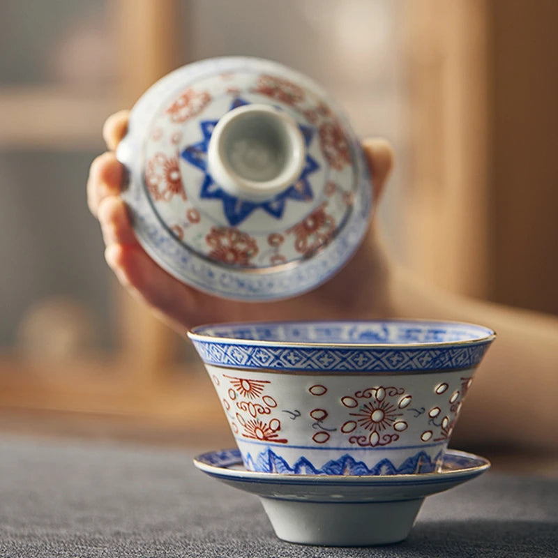 Creative Gaiwan For Tea Tureen With Lid Teaware Blue And White Tea Ceremony Cups Tea Bowls Flower Chinese Chawan