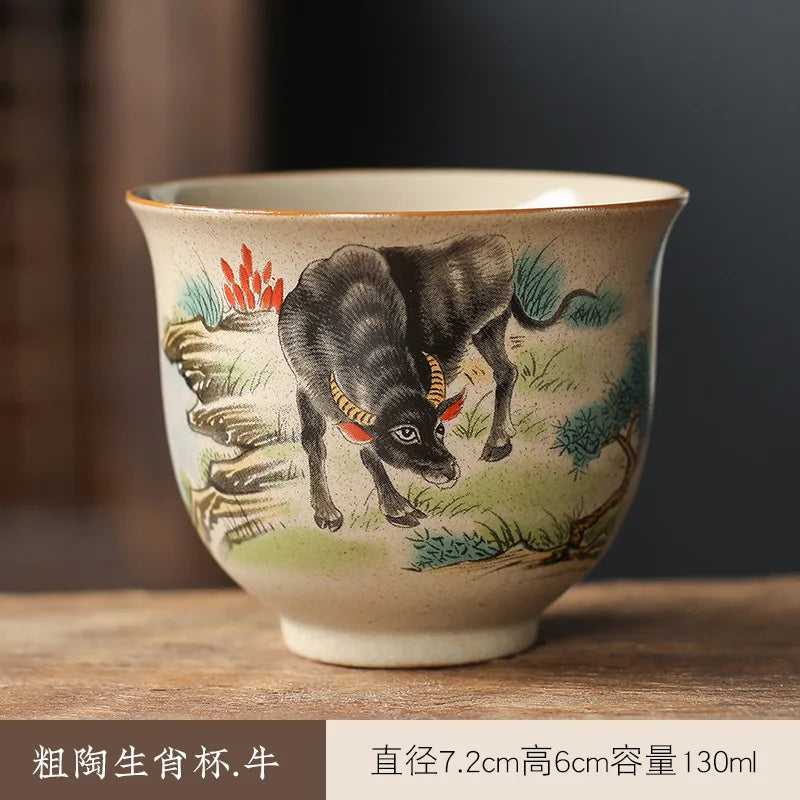 Crude Pottery Tea Set Twelve Zodiac Tea Cup Winebowl Retro Chinese Kung Fu Tea Set Tea Cup Large Handpainted Tea Bowl Teacup Set