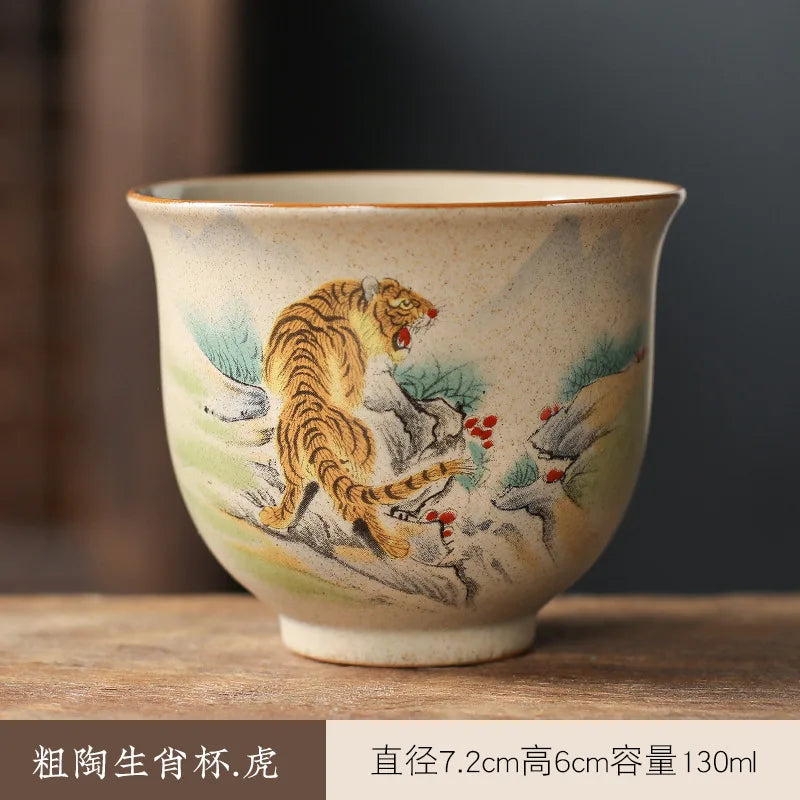Crude Pottery Tea Set Twelve Zodiac Tea Cup Winebowl Retro Chinese Kung Fu Tea Set Tea Cup Large Handpainted Tea Bowl Teacup Set