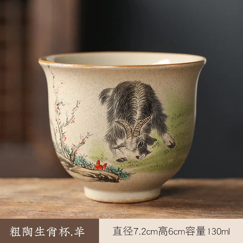 Crude Pottery Tea Set Twelve Zodiac Tea Cup Winebowl Retro Chinese Kung Fu Tea Set Tea Cup Large Handpainted Tea Bowl Teacup Set