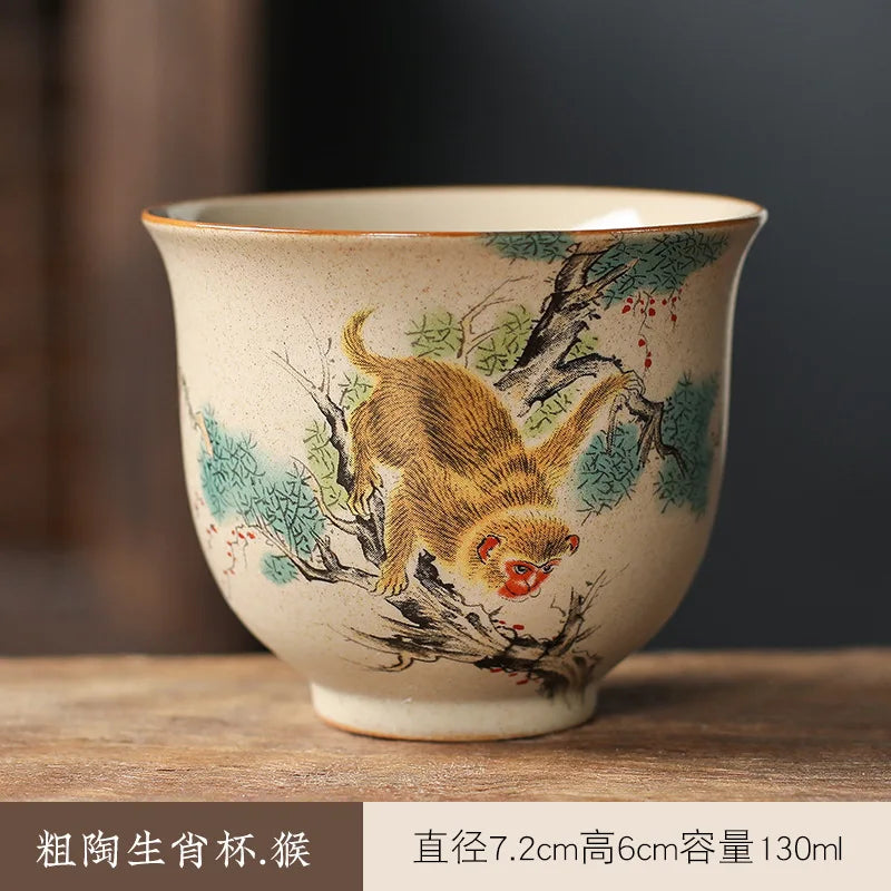 Crude Pottery Tea Set Twelve Zodiac Tea Cup Winebowl Retro Chinese Kung Fu Tea Set Tea Cup Large Handpainted Tea Bowl Teacup Set