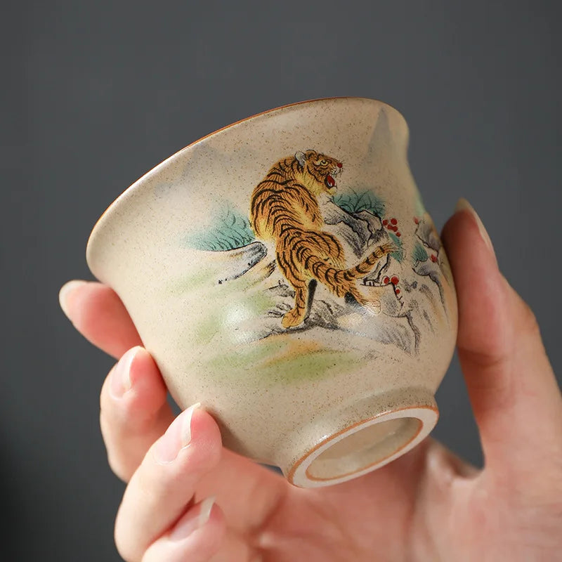 Crude Pottery Tea Set Twelve Zodiac Tea Cup Winebowl Retro Chinese Kung Fu Tea Set Tea Cup Large Handpainted Tea Bowl Teacup Set