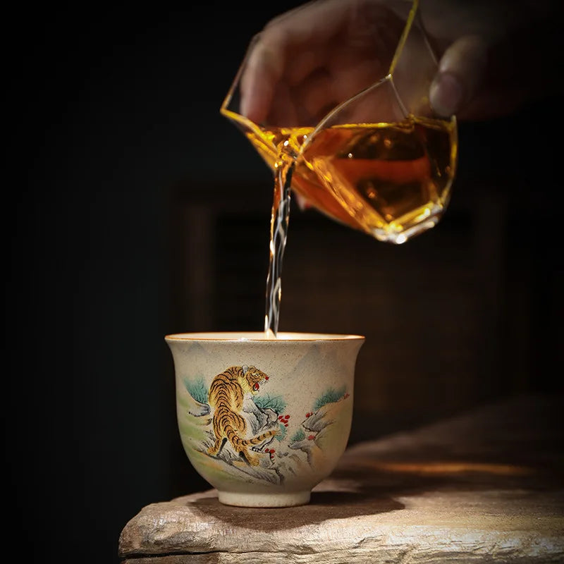 Crude Pottery Tea Set Twelve Zodiac Tea Cup Winebowl Retro Chinese Kung Fu Tea Set Tea Cup Large Handpainted Tea Bowl Teacup Set