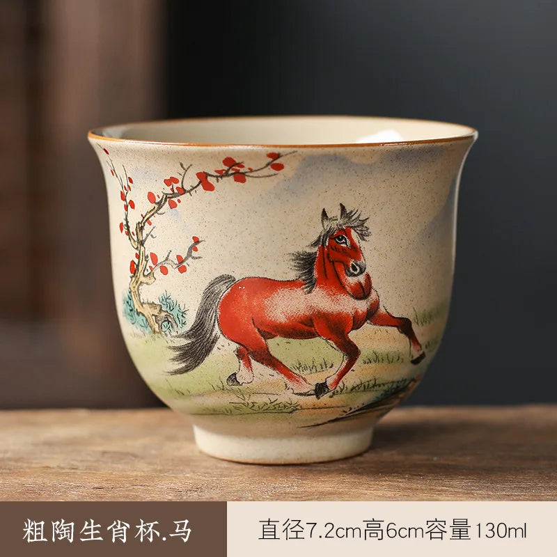 Crude Pottery Tea Set Twelve Zodiac Tea Cup Winebowl Retro Chinese Kung Fu Tea Set Tea Cup Large Handpainted Tea Bowl Teacup Set