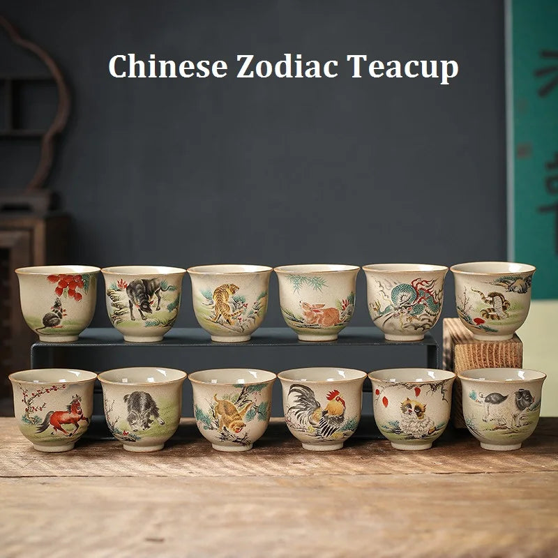 Crude Pottery Tea Set Twelve Zodiac Tea Cup Winebowl Retro Chinese Kung Fu Tea Set Tea Cup Large Handpainted Tea Bowl Teacup Set