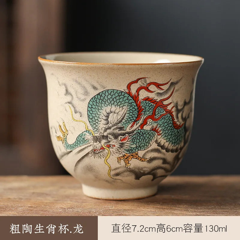 Crude Pottery Tea Set Twelve Zodiac Tea Cup Winebowl Retro Chinese Kung Fu Tea Set Tea Cup Large Handpainted Tea Bowl Teacup Set