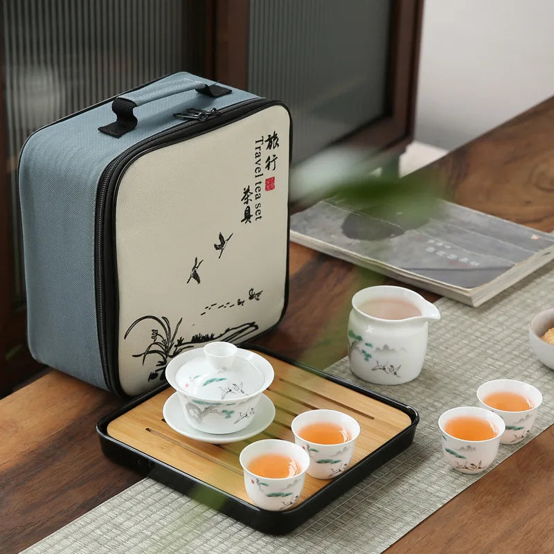 Drinkware Set Chinese Kung Fu Travel Tea Set Ceramic Portable Teacup Porcelain Service Gaiwan Tea Cup Mug of Tea Ceremony Teapot