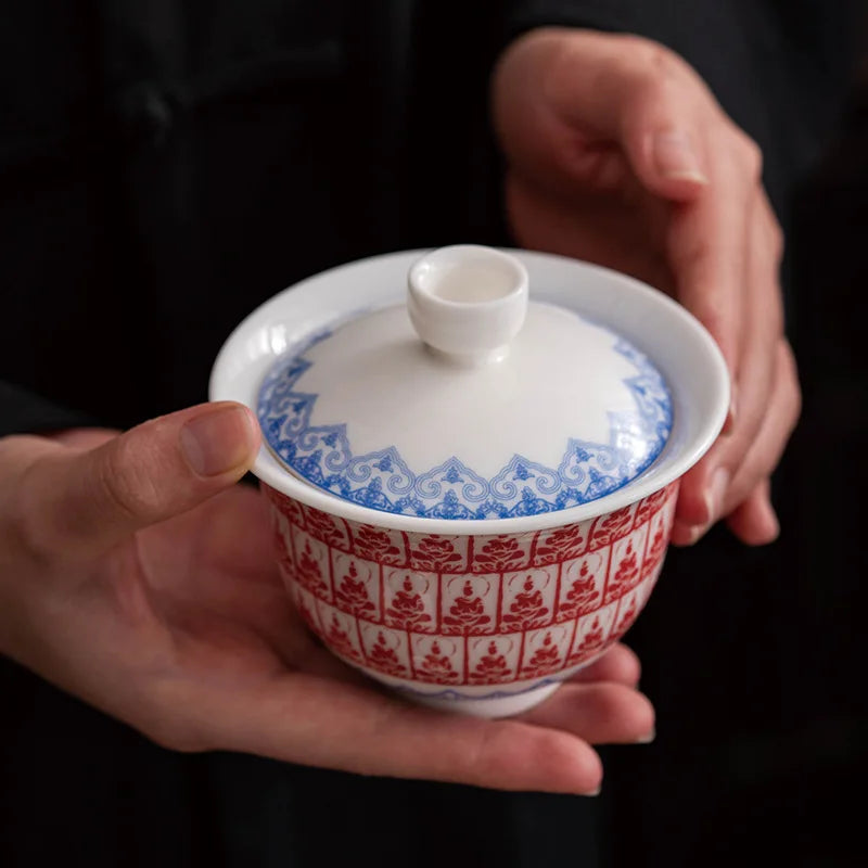 Dunhuang Thousand Buddhas Jade Gaiwan For Tea Porcelain Chinese Tureen Teaware Set Tea Bowl Kung Fu Tea Chawan Tea Cups Lily