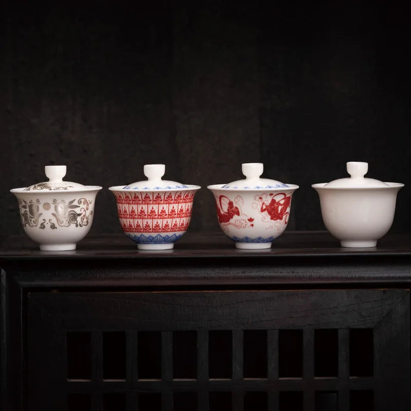 Dunhuang Thousand Buddhas Jade Gaiwan For Tea Porcelain Chinese Tureen Teaware Set Tea Bowl Kung Fu Tea Chawan Tea Cups Lily