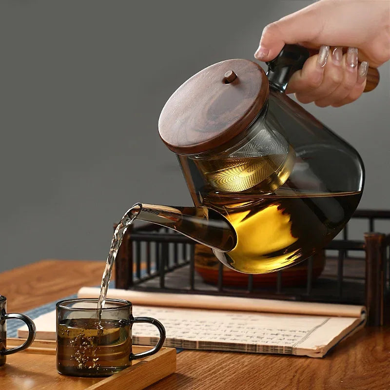 Easy One Click Tea Separation Filtration Glass Teapots With Wood Handle 850ml Tea Water Separation Tea Pot With Infuser Filter