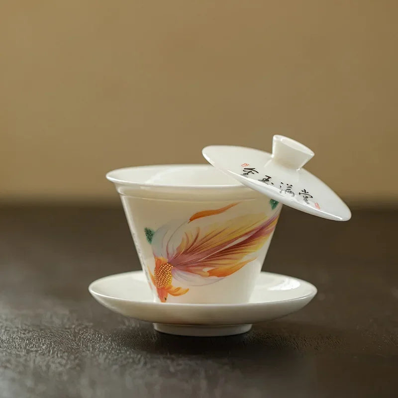 Elegant Ceramic Tea Tureen Chinese Gaiwan Set with Saucers and Strainer Traditional Teaware for Kung Fu Tea Ceremony Tea Cups