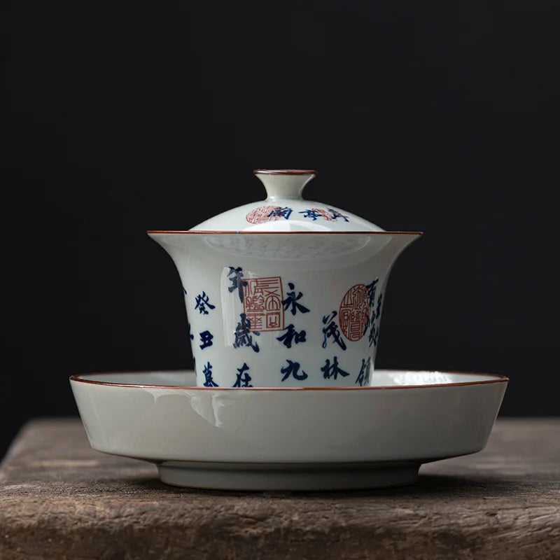 Elegant Porcelain Gaiwan Tea Set with Lid Chinese Lanting Xu Ceramic Tea Pot Tea Tureen Gongfu Sancai Tea Bowl Tea Cup Set