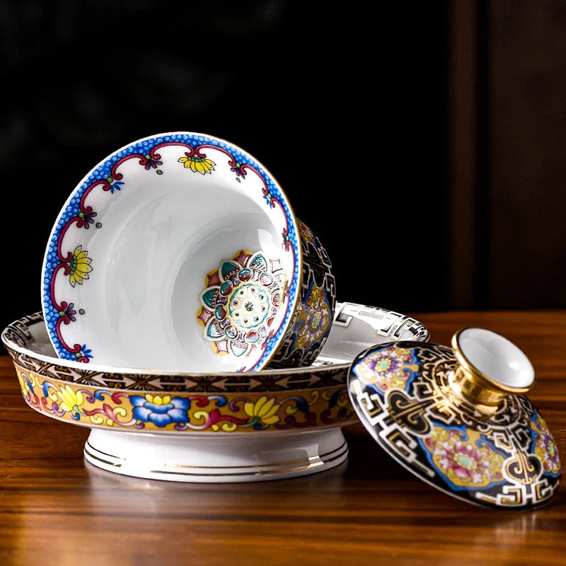 Enamel Gaiwan Tea Cup with Saucer Large White Porcelain Tea Bowl Ceramic Tea Cup Kung Fu Tea Set Retro Court Style Teacup Gift