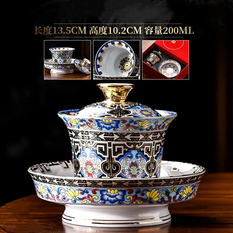 Enamel Gaiwan Tea Cup with Saucer Large White Porcelain Tea Bowl Ceramic Tea Cup Kung Fu Tea Set Retro Court Style Teacup Gift