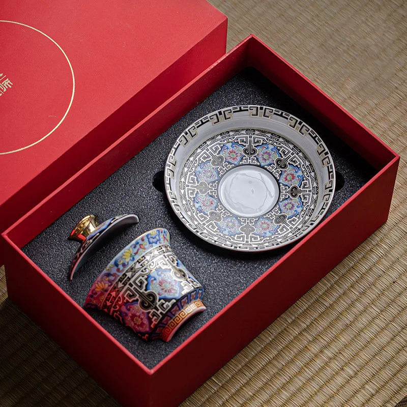 Enamel Gaiwan Tea Cup with Saucer Large White Porcelain Tea Bowl Ceramic Tea Cup Kung Fu Tea Set Retro Court Style Teacup Gift