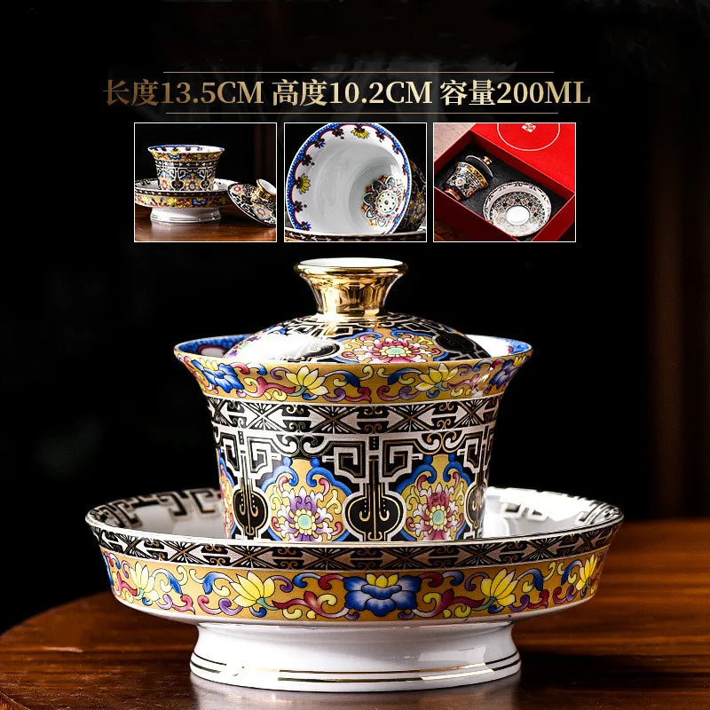 Enamel Gaiwan Tea Cup with Saucer Large White Porcelain Tea Bowl Ceramic Tea Cup Kung Fu Tea Set Retro Court Style Teacup Gift