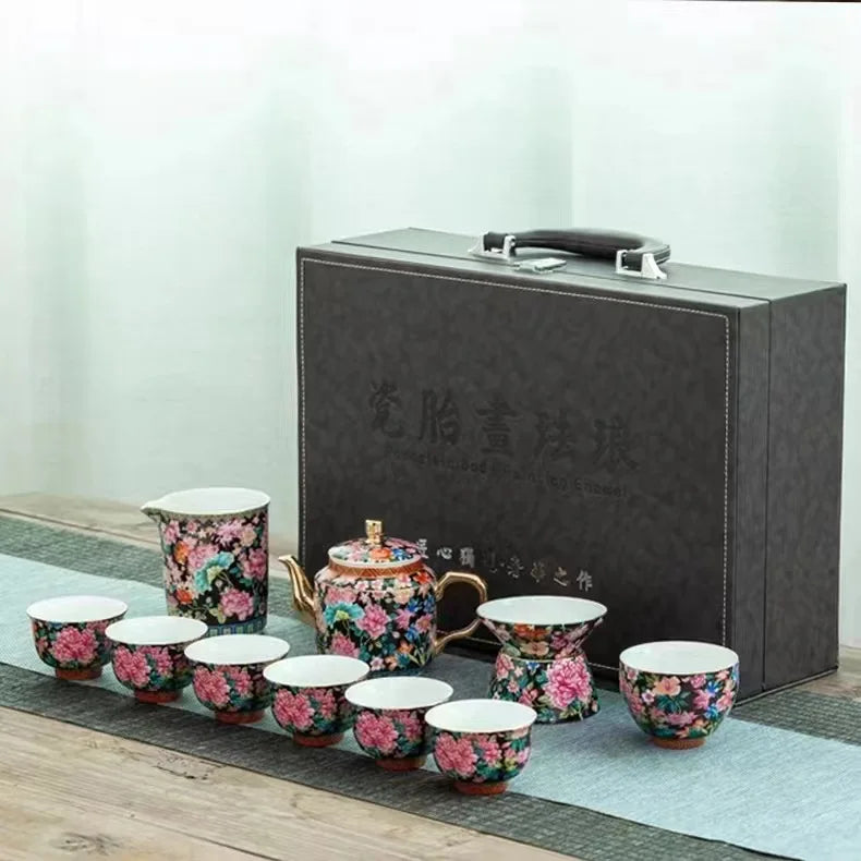 Enamel kungfu tea set gift box ceramic teapot tea cup business gift