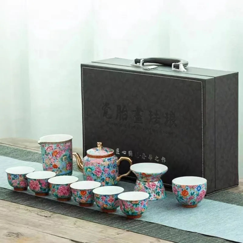 Enamel kungfu tea set gift box ceramic teapot tea cup business gift