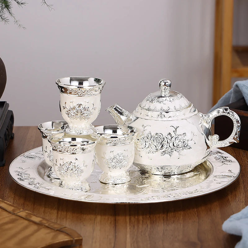 European Style Home Delicate Rose Tea Set Chinese Kung Fu Tea Set Retro Simple Metal Teapot Cup Teaware Kitchen Dining Bar