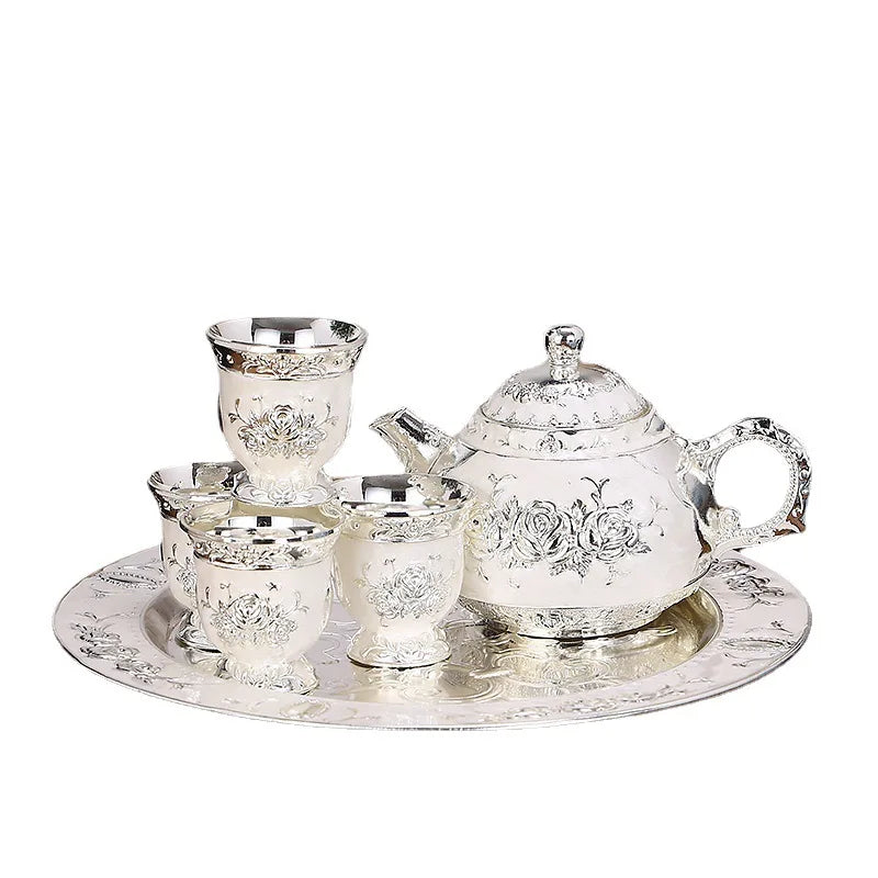 European Style Home Delicate Rose Tea Set Chinese Kung Fu Tea Set Retro Simple Metal Teapot Cup Teaware Kitchen Dining Bar