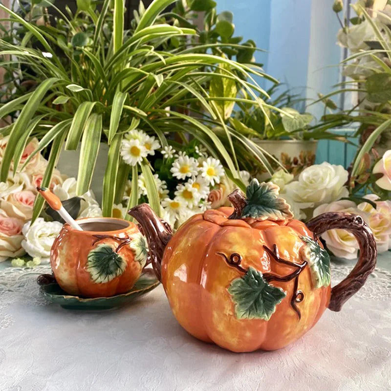 European painted ceramic Pumpkin Teapot Tea Cup Dessert dish cute Tea set American afternoon tea coffee pot home decoration