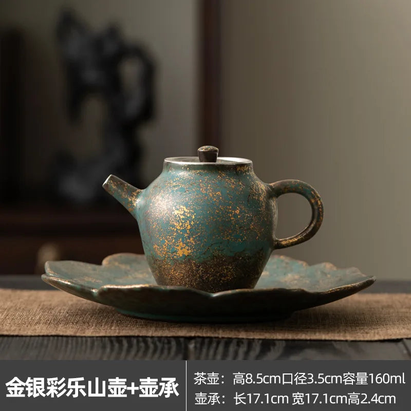 Evergreen Glaze Gold and Silver Color Leshan Pot Handmade Retro Small Teapot Kung Fu Tea Set Teapot Hand Ewer Single Tea Kettle