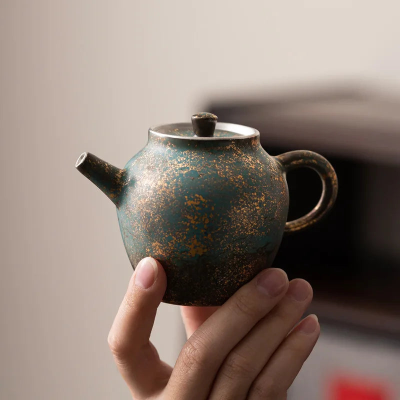 Evergreen Glaze Gold and Silver Color Leshan Pot Handmade Retro Small Teapot Kung Fu Tea Set Teapot Hand Ewer Single Tea Kettle
