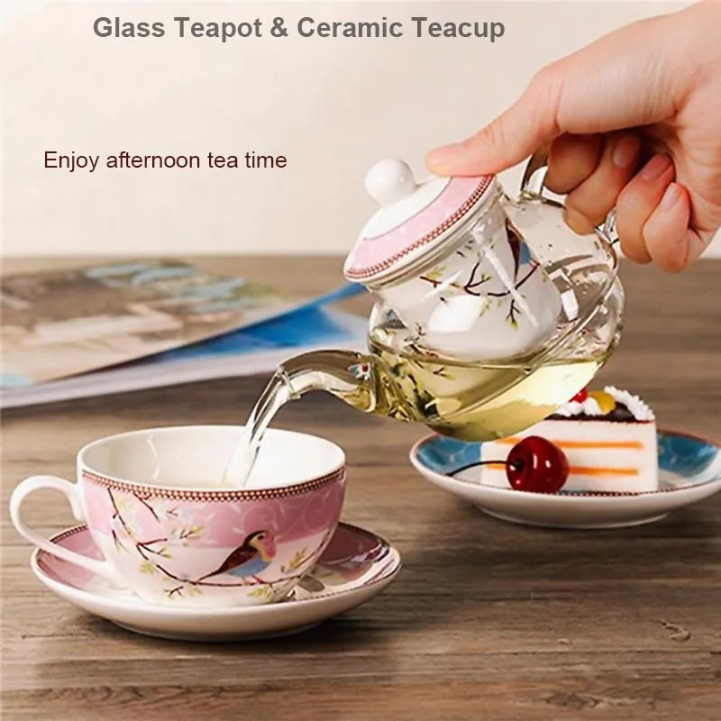 Flower Tea Pot Ceramic Teacup Saucer Heat Resistant Glass Teapot Filter Porcelain Office Coffee Cup Mug Afternoon Tea Set