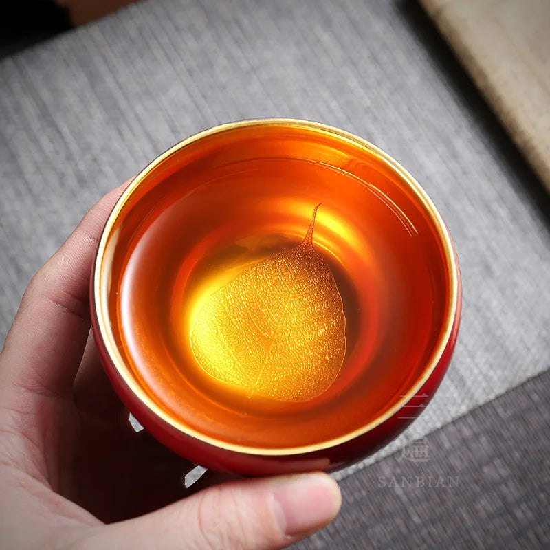 Gilding Wood Leaf Jian Zhan Teacup Tea Cup Single Cup Ceramic Tea Bowl Tea Bowl Master Cup Kung Fu Large
