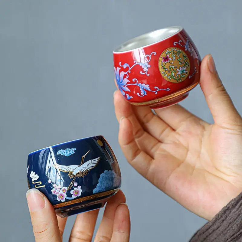 Gilt Silver Tea Cup Ceramic Teacup Enamel Silver Tea Cup Chinese Kung Fu Tea Set Colorful Master Cup Gift Box