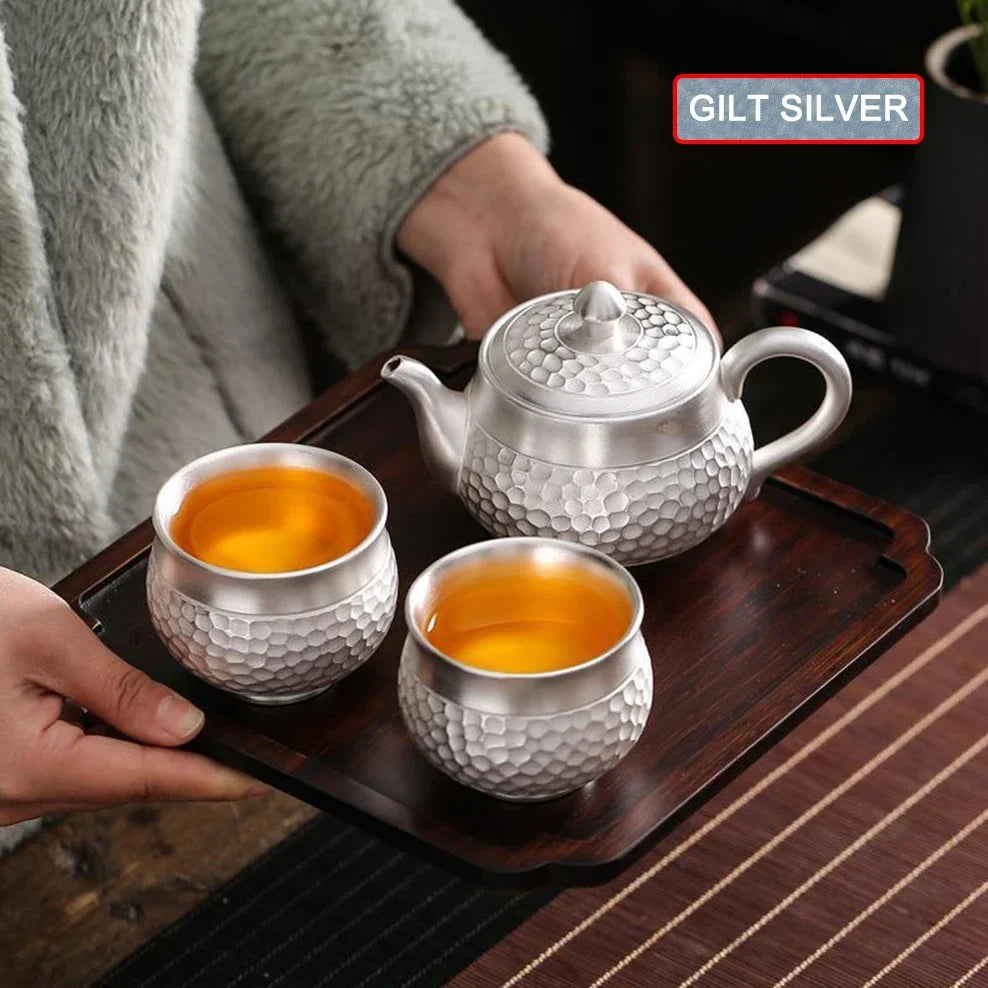 Gilt Silver Teapot Handmade Hammered Filter Ceramic Teapot 200ML Silver-Clad Porcelain Make Tea Pot Home Tea Set