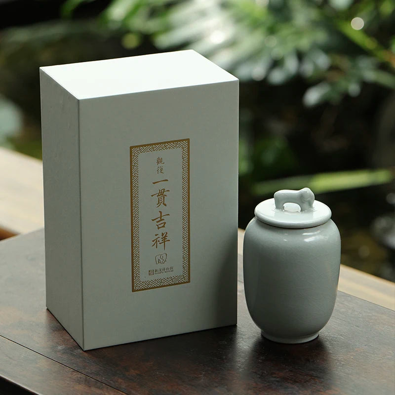 Guanfu Museum Official Glaze Consistent Auspicious Tea Caddy Elephant Auspicious Longquan Pu'er Tea Tea Box Tea Container Tea Ca