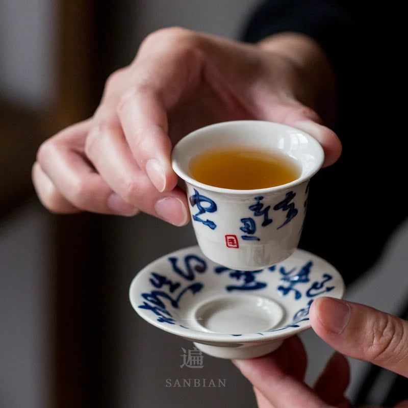 Hand Drawn Tea Shi Kung Fu Tea Set Household Minimalist Porcelain Gaiwan Teapot Cheng Whole Set Tea Drinking Cup High-End