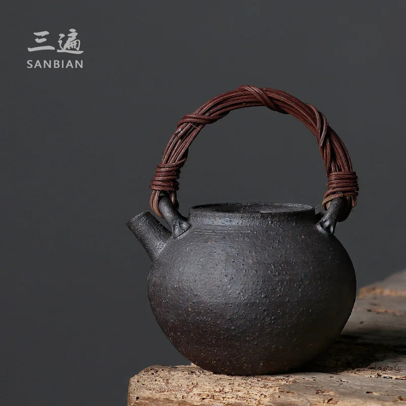 Hand Made-Rattan Loop-Handled Teapot Stoneware Teaware Single Pot Enameled Cast Iron Household Kung Fu Tea Ceremony Teapot