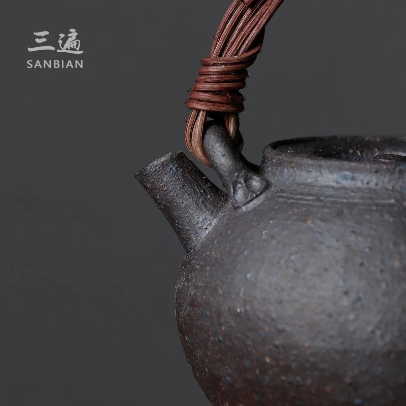 Hand Made-Rattan Loop-Handled Teapot Stoneware Teaware Single Pot Enameled Cast Iron Household Kung Fu Tea Ceremony Teapot