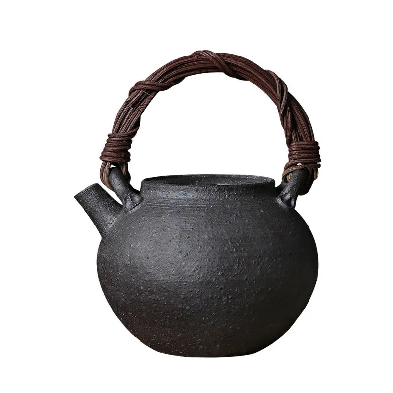 Hand Made-Rattan Loop-Handled Teapot Stoneware Teaware Single Pot Enameled Cast Iron Household Kung Fu Tea Ceremony Teapot