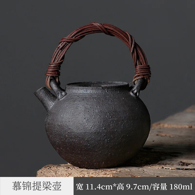 Hand Made-Rattan Loop-Handled Teapot Stoneware Teaware Single Pot Enameled Cast Iron Household Kung Fu Tea Ceremony Teapot