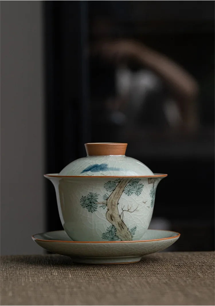 Hand Painted Pine AntiqueCeramic Opening Gaiwan For Tea Tureen Teaware Set Chinese Tea Bowl Chawan Tea Cup