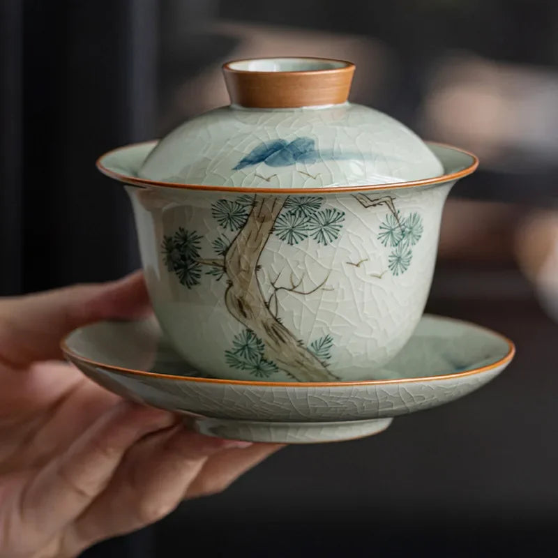 Hand Painted Pine AntiqueCeramic Opening Gaiwan For Tea Tureen Teaware Set Chinese Tea Bowl Chawan Tea Cup