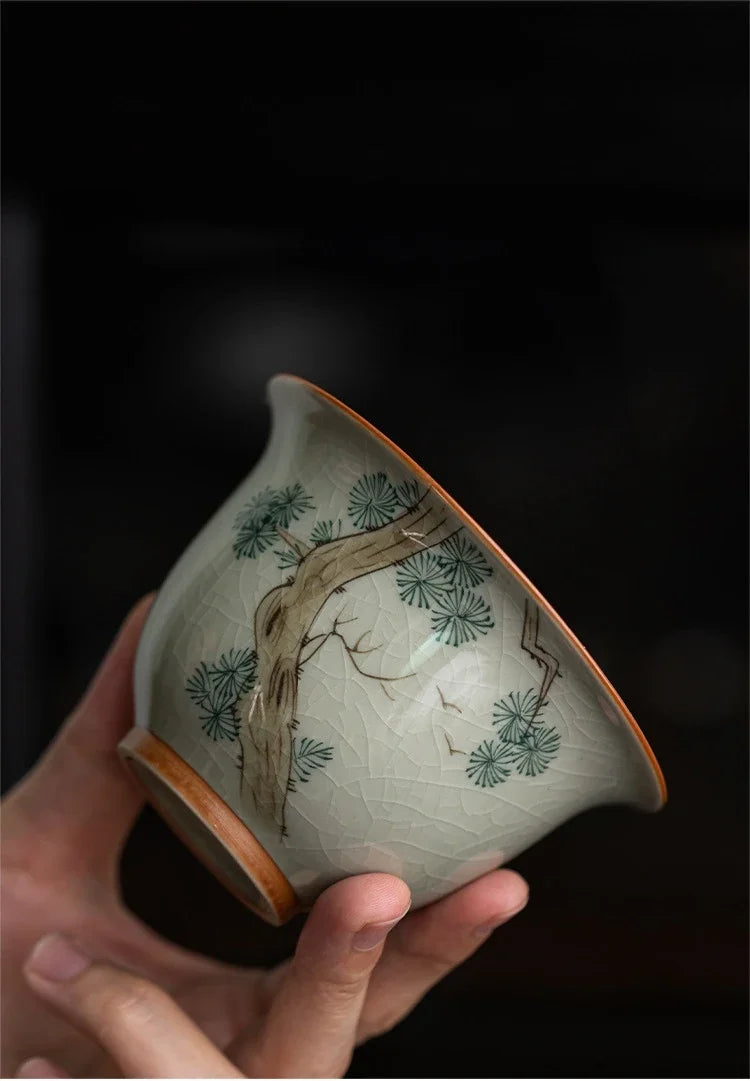 Hand Painted Pine AntiqueCeramic Opening Gaiwan For Tea Tureen Teaware Set Chinese Tea Bowl Chawan Tea Cup