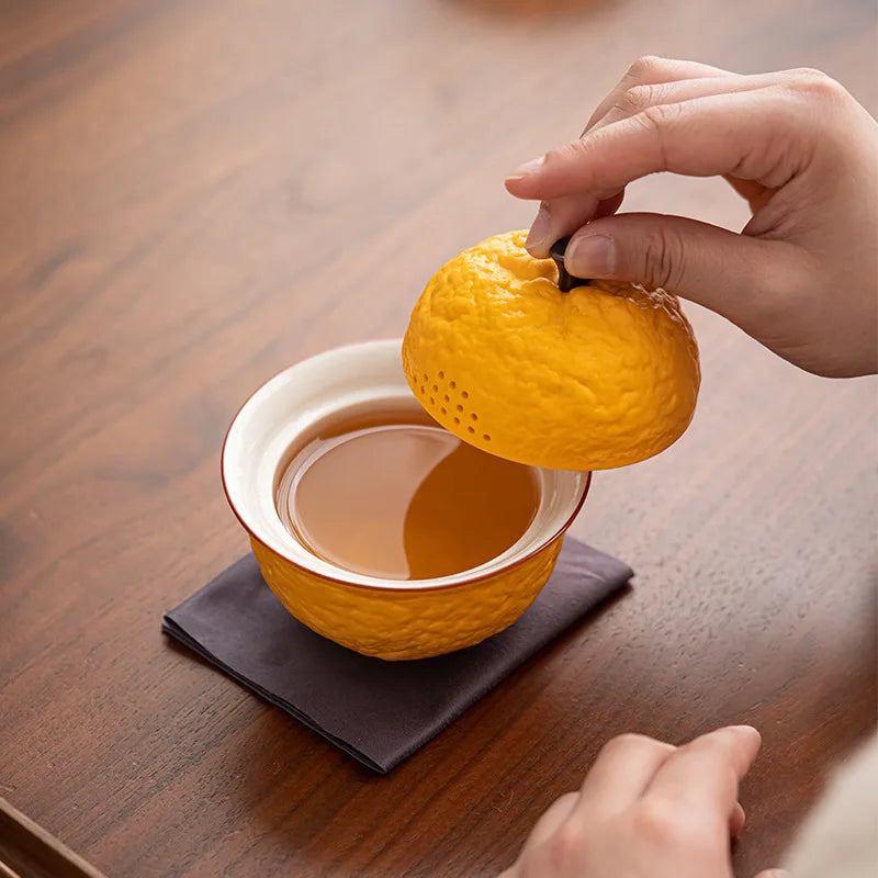 Handmade Ceramic Gaiwan Pottery Tea Bowl Cups Pigmented Orange Shape Tea Tureen Chinese Kungfu Teaware Tea Cup Set