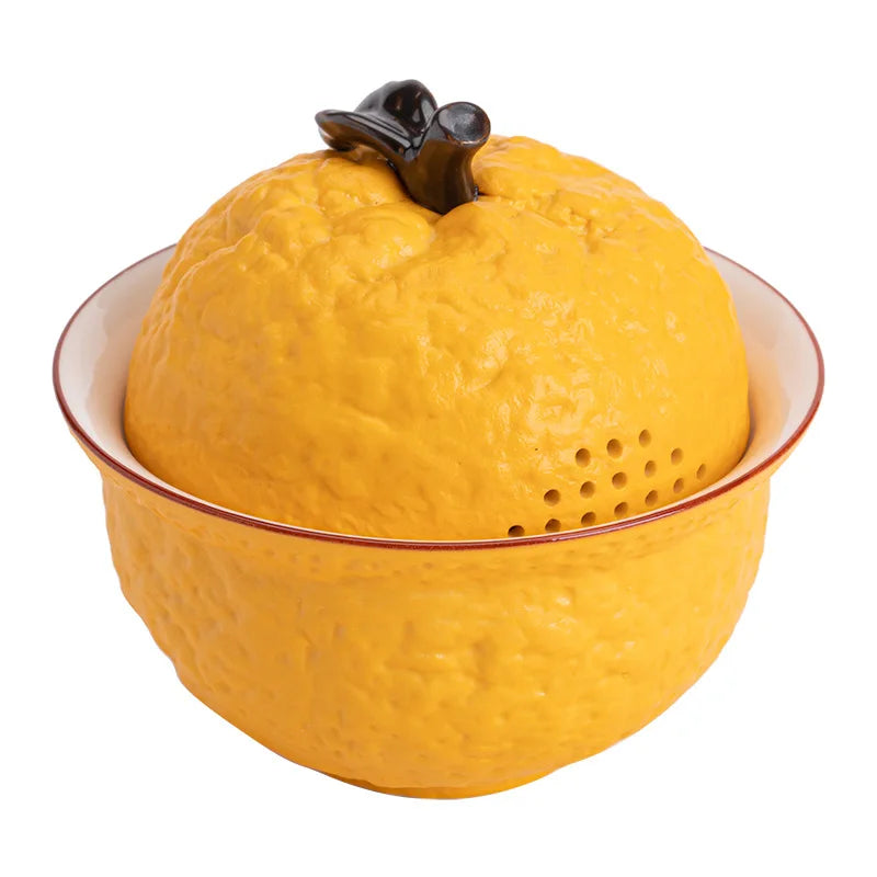 Handmade Ceramic Gaiwan Pottery Tea Bowl Cups Pigmented Orange Shape Tea Tureen Chinese Kungfu Teaware Tea Cup Set