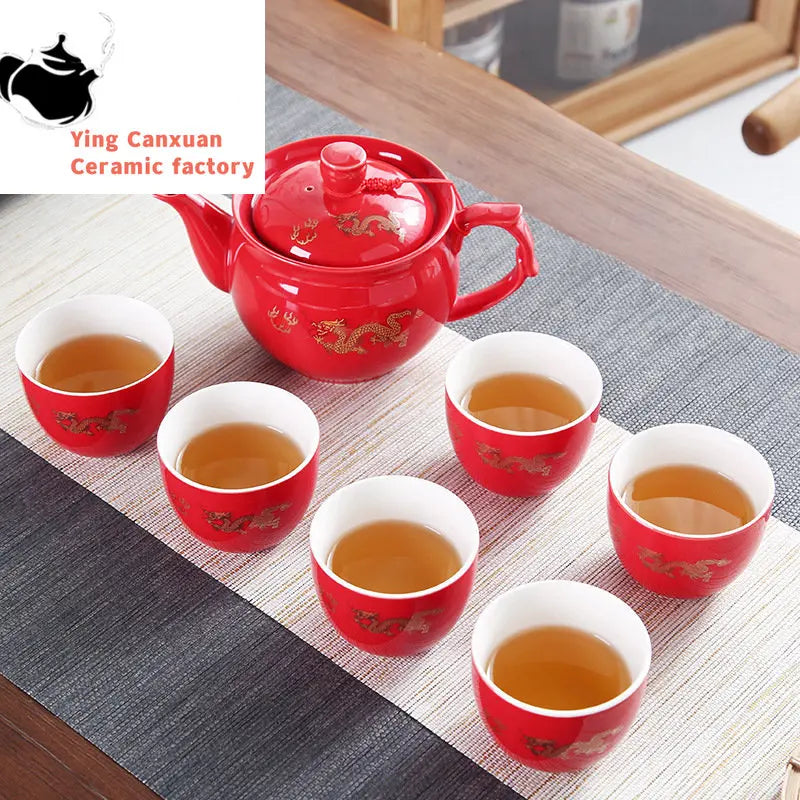 High Quality Ceramics Tea Set Chinese Wedding Tea Pot Set Teacup Tradition Red Porcelain Teapot Boutique Teaware Accessories