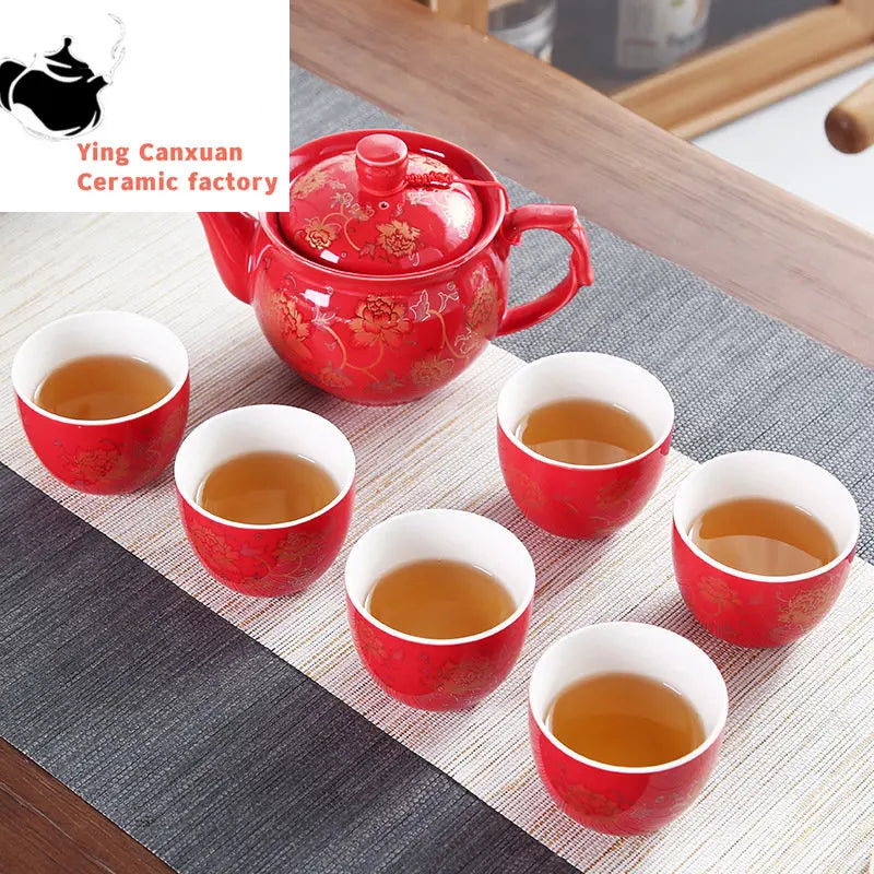 High Quality Ceramics Tea Set Chinese Wedding Tea Pot Set Teacup Tradition Red Porcelain Teapot Boutique Teaware Accessories